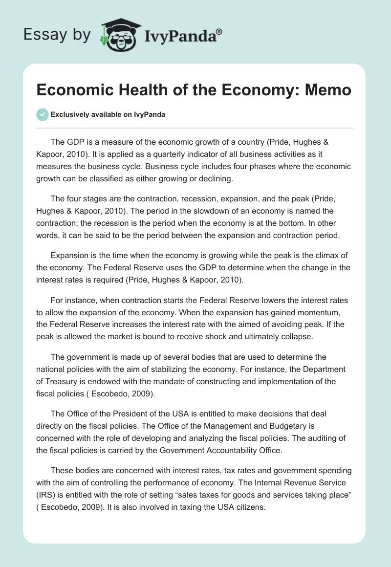 Economic Health of the Economy: Memo. Page 1