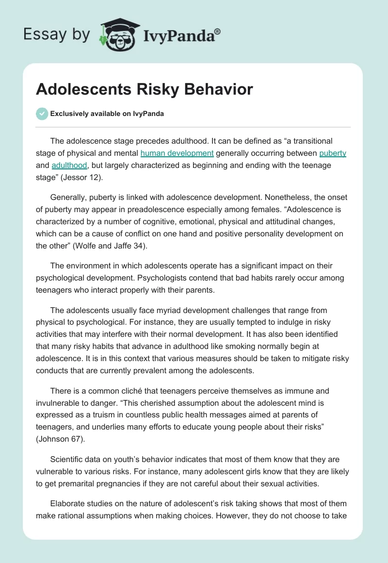Adolescents Risky Behavior. Page 1
