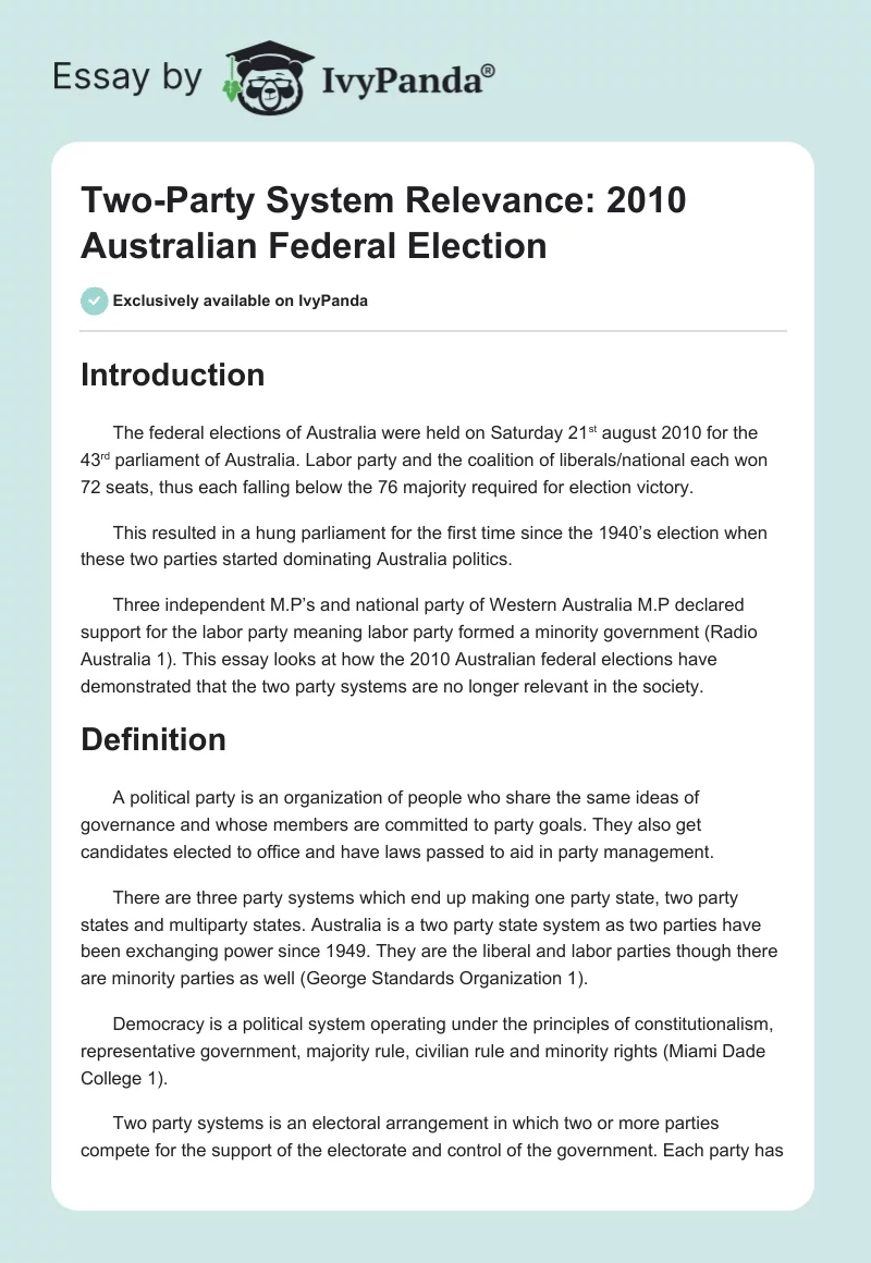 Two-Party System Relevance: 2010 Australian Federal Election. Page 1