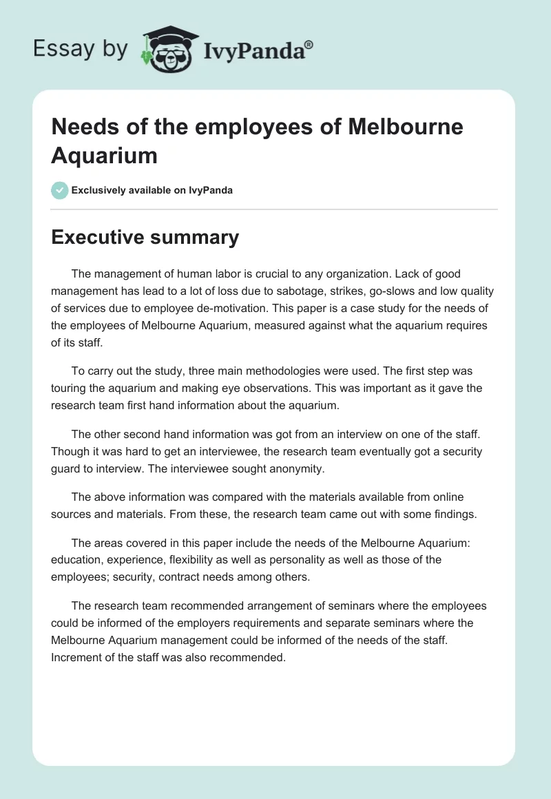 Needs of the employees of Melbourne Aquarium. Page 1