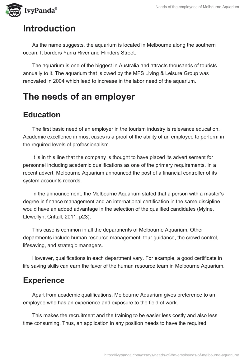 Needs of the employees of Melbourne Aquarium. Page 2