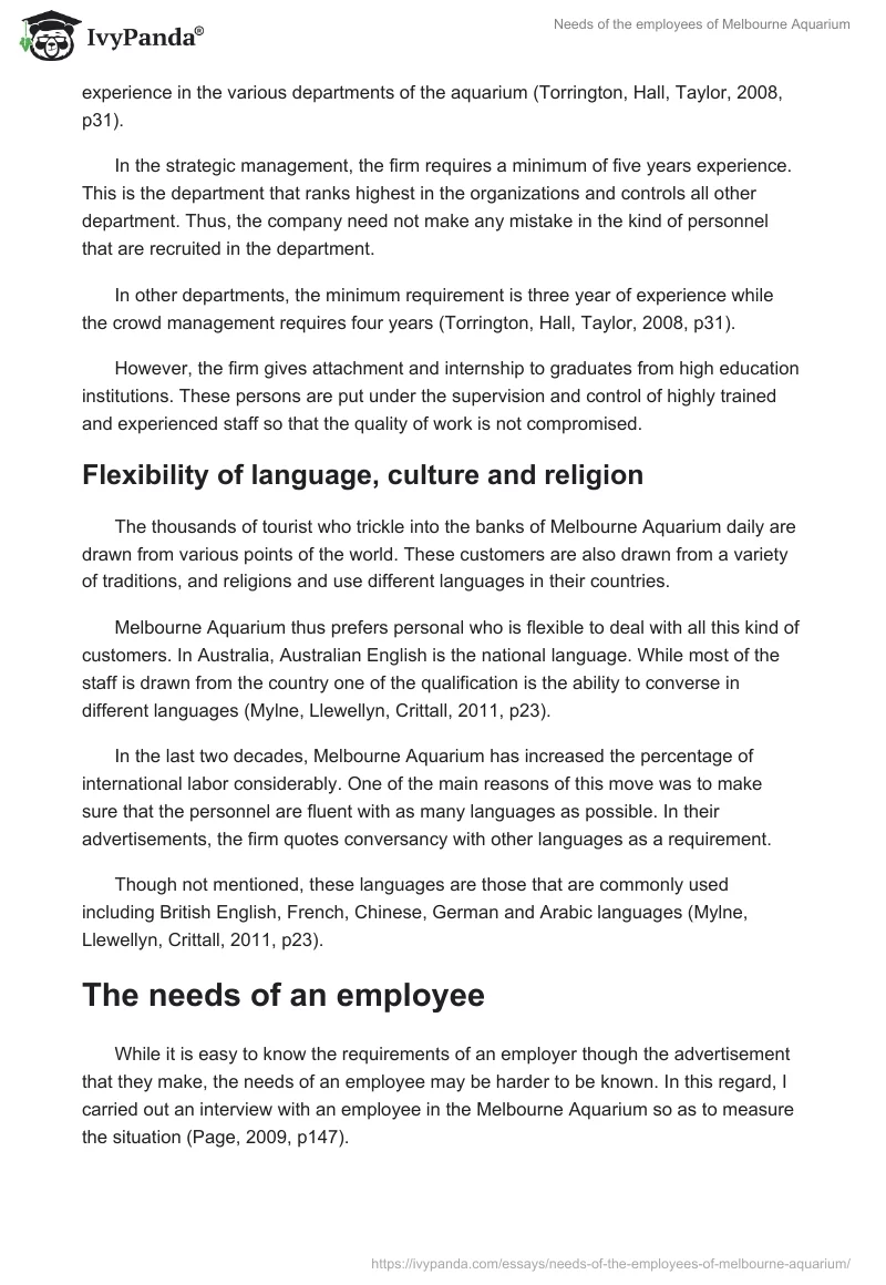 Needs of the employees of Melbourne Aquarium. Page 3