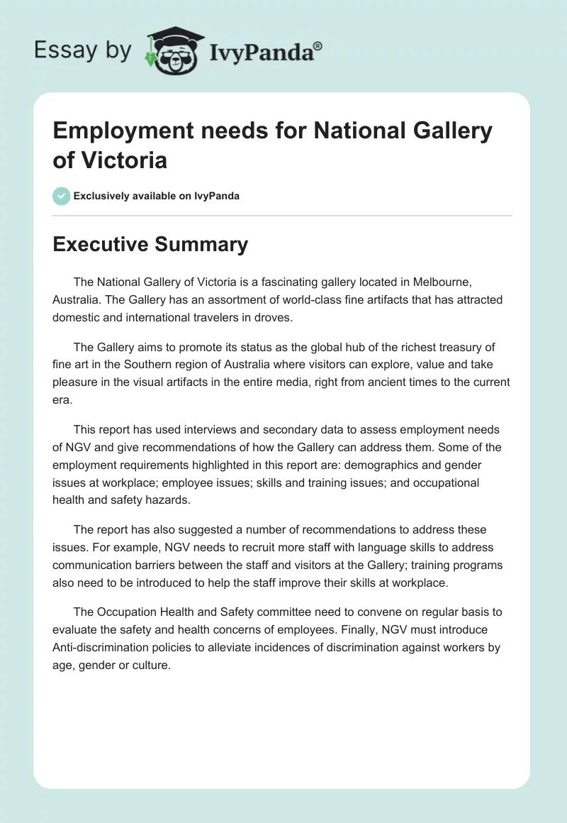 Employment needs for National Gallery of Victoria. Page 1