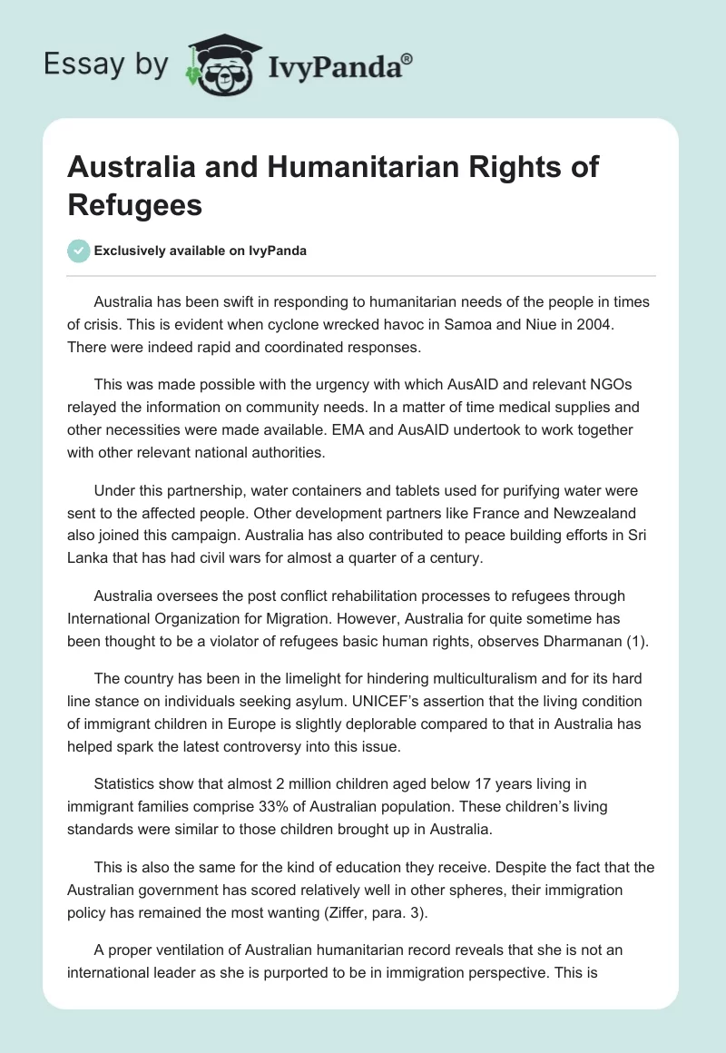 Australia and Humanitarian Rights of Refugees. Page 1