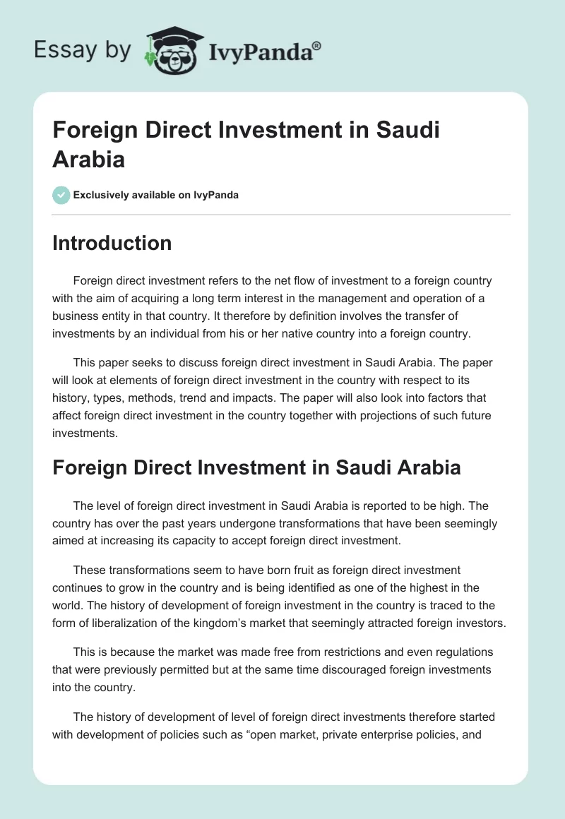 Foreign Direct Investment in Saudi Arabia. Page 1