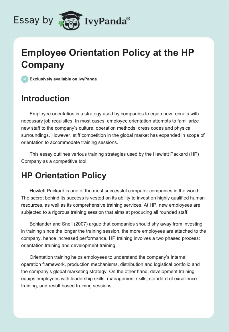 Employee Orientation Policy at the HP Company. Page 1