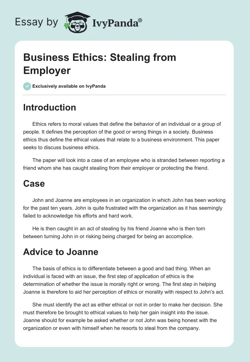 Business Ethics: Stealing from Employer. Page 1