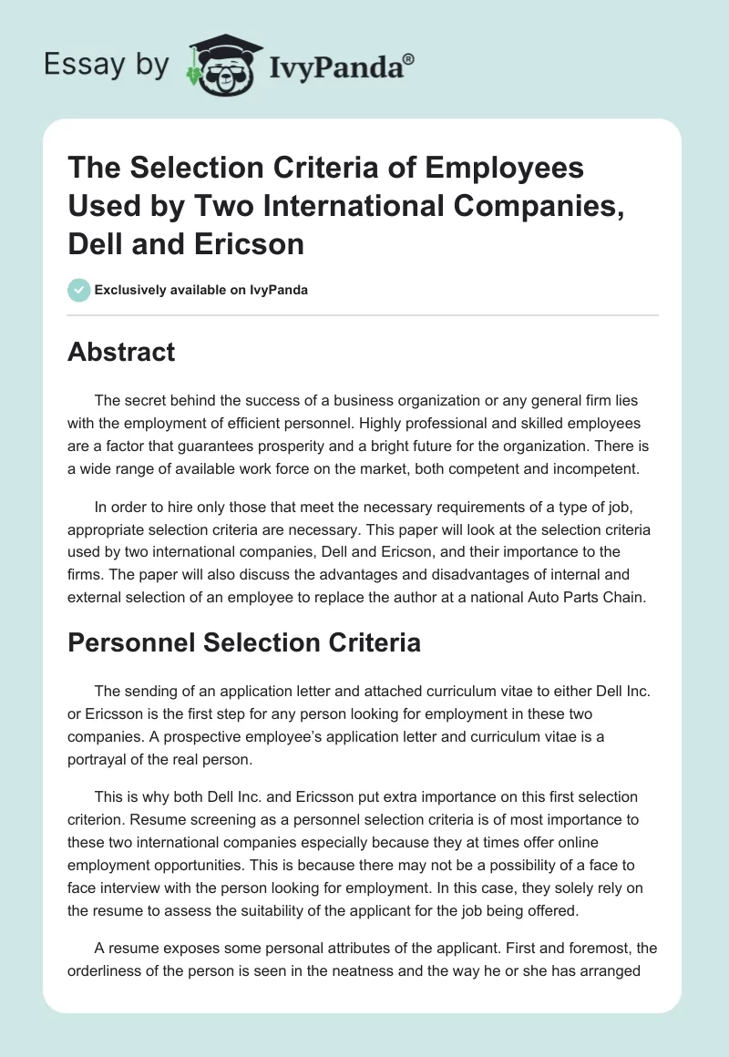 The Selection Criteria of Employees Used by Two International Companies, Dell and Ericson. Page 1
