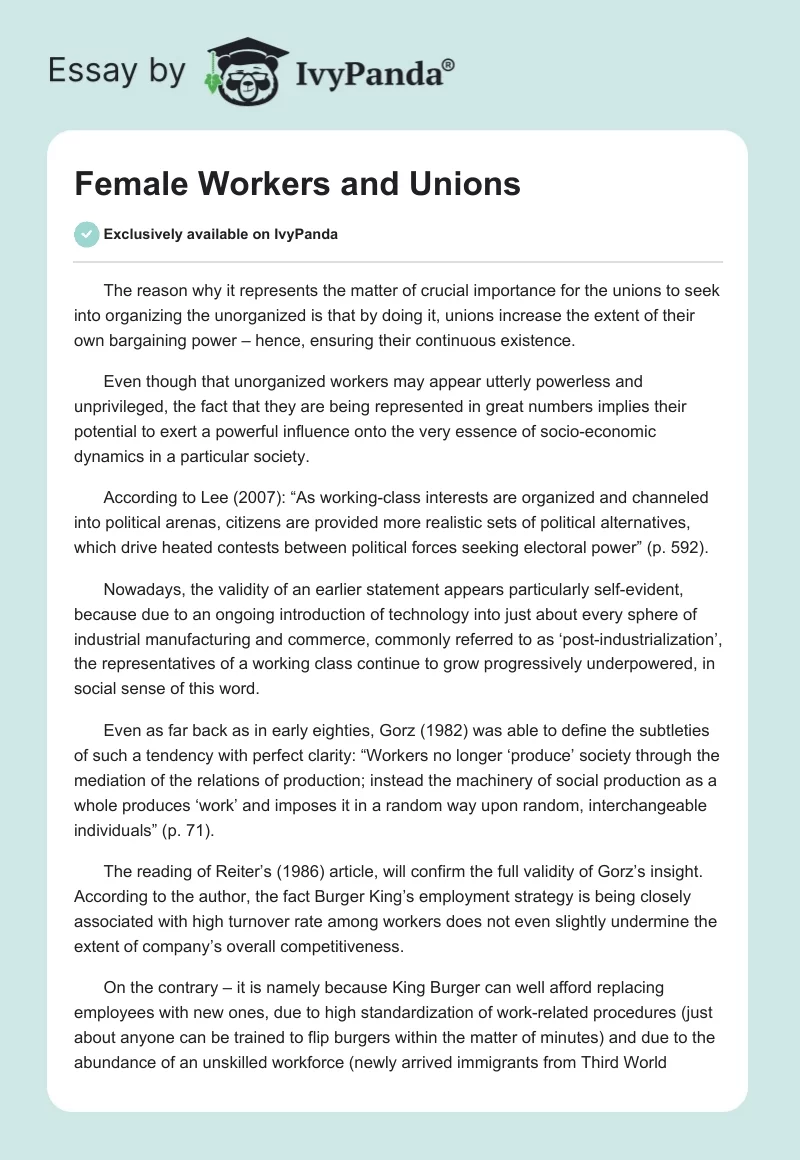 Female Workers and Unions. Page 1