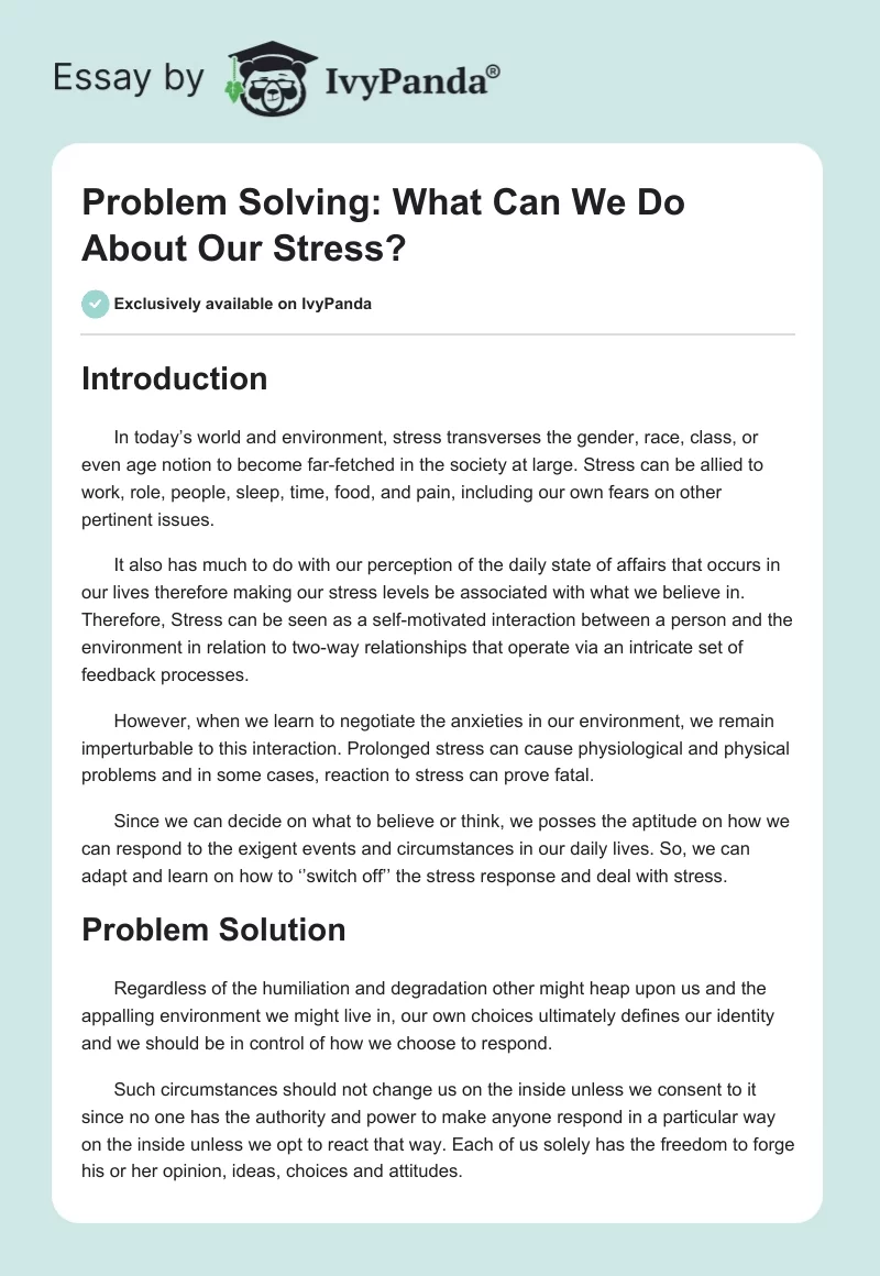 Problem Solving: What Can We Do About Our Stress?. Page 1
