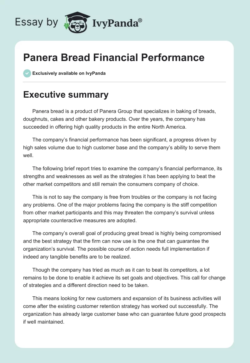 Panera Bread Financial Performance. Page 1