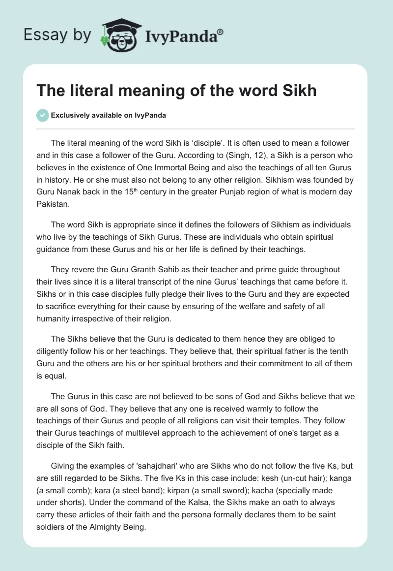 The literal meaning of the word Sikh. Page 1