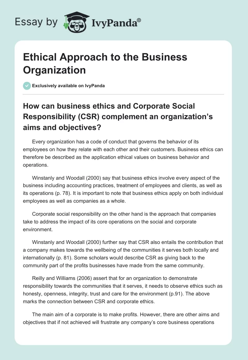 Ethical Approach to the Business Organization. Page 1