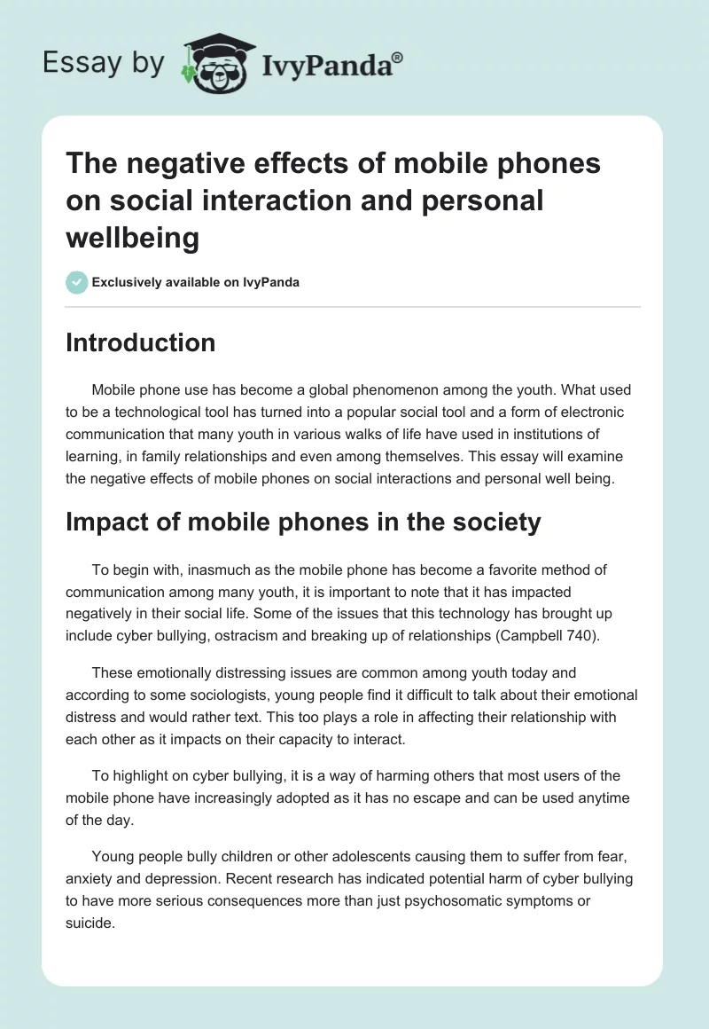 The negative effects of mobile phones on social interaction and personal wellbeing. Page 1
