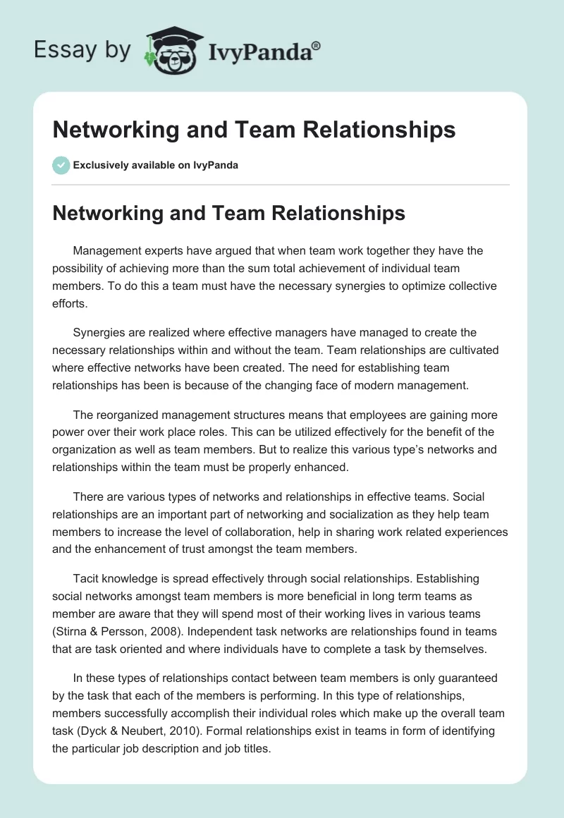 Networking and Team Relationships. Page 1