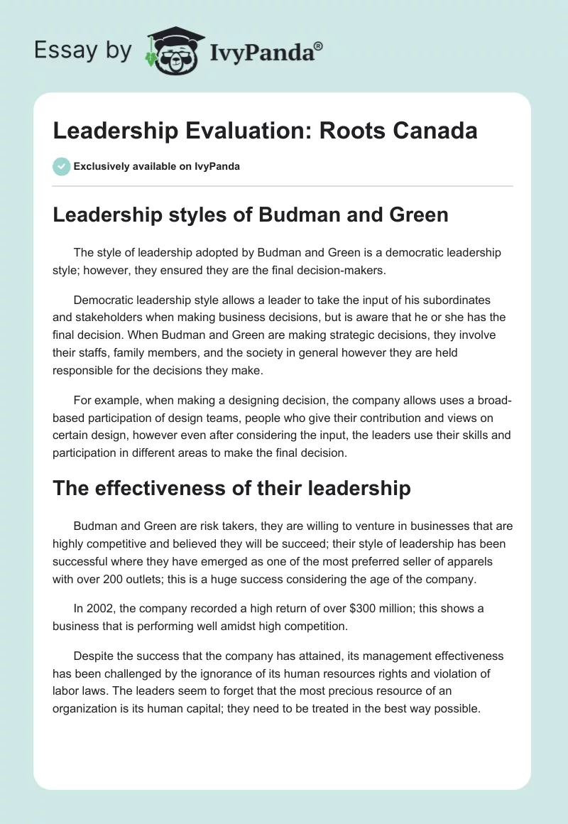 Leadership Evaluation: Roots Canada. Page 1