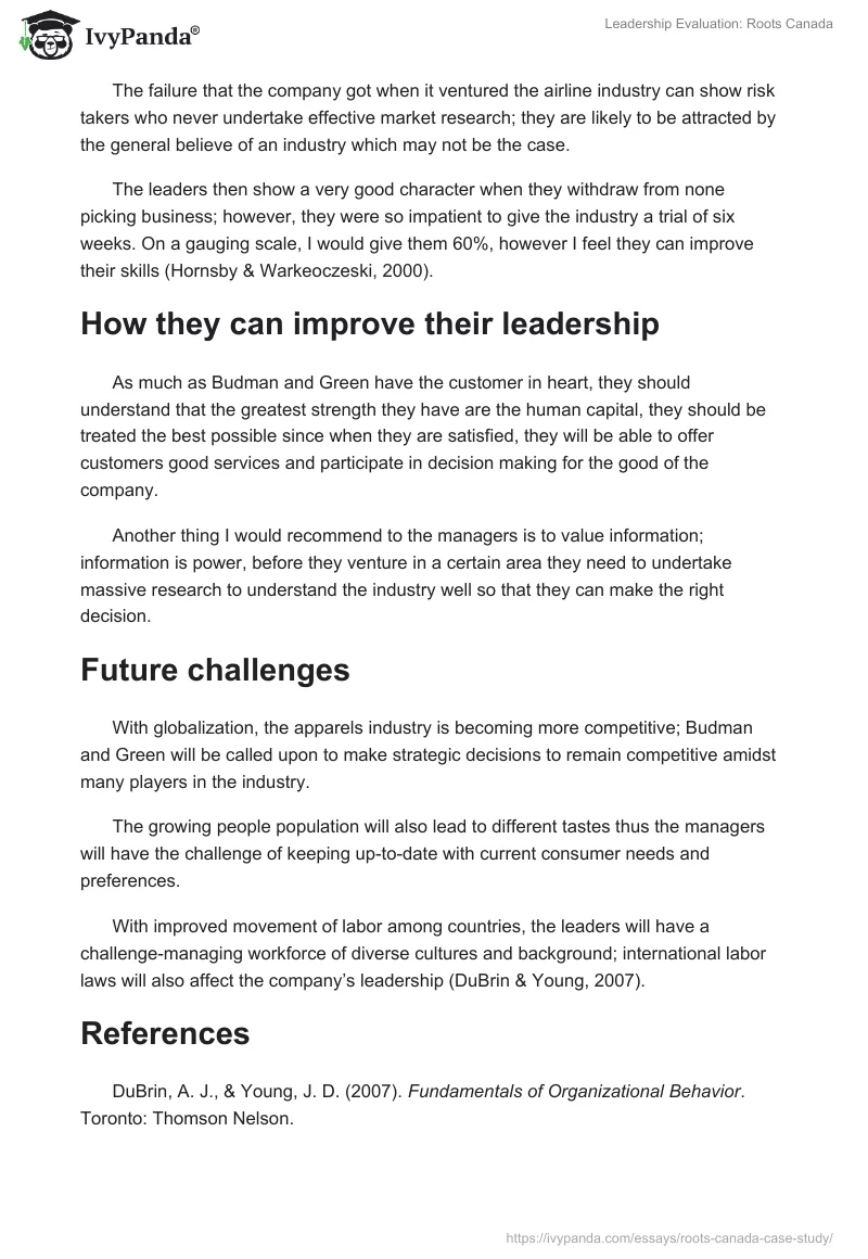 Leadership Evaluation: Roots Canada. Page 2