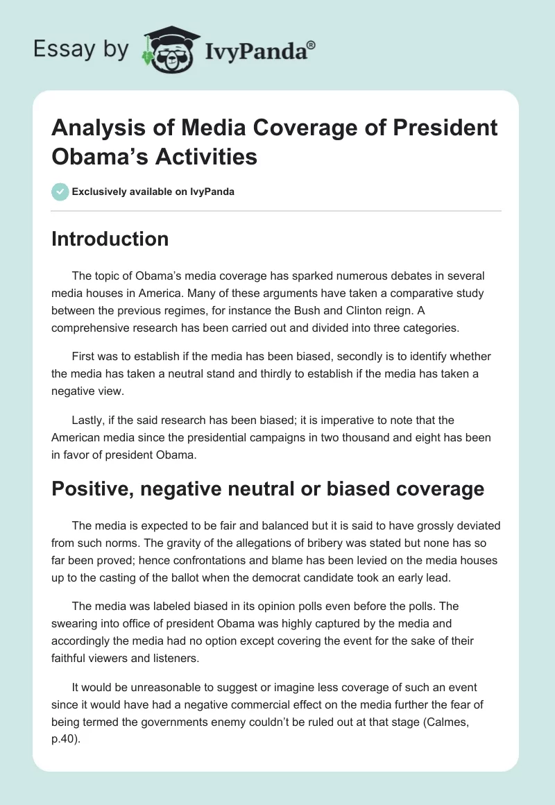 Analysis of Media Coverage of President Obama’s Activities. Page 1