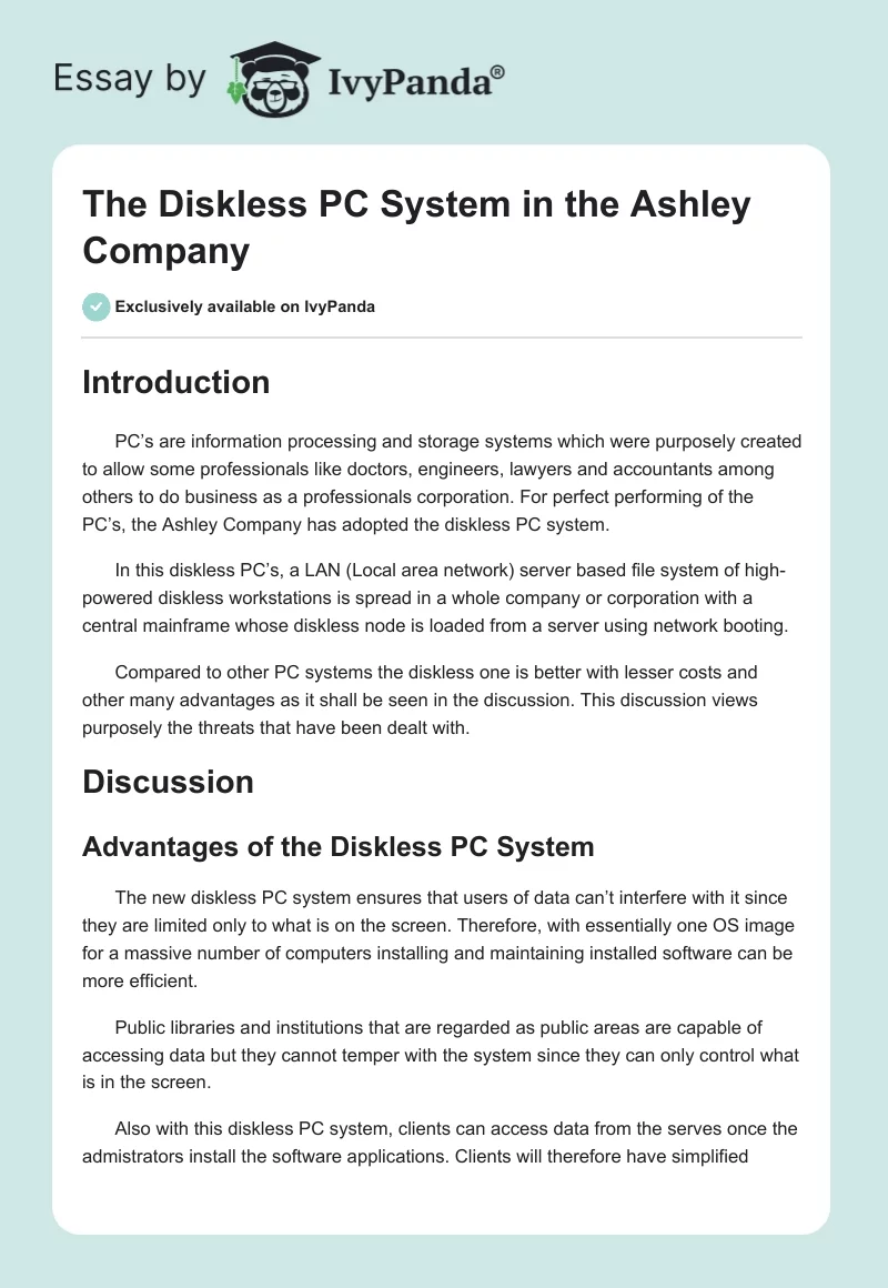 The Diskless PC System in the Ashley Company. Page 1
