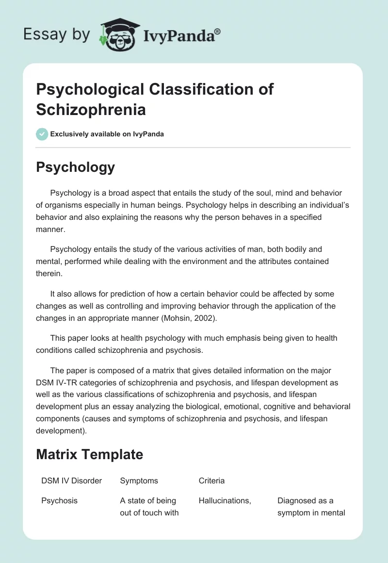 Psychological Classification of Schizophrenia. Page 1