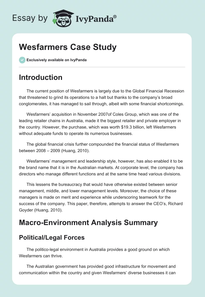 Wesfarmers Case Study. Page 1