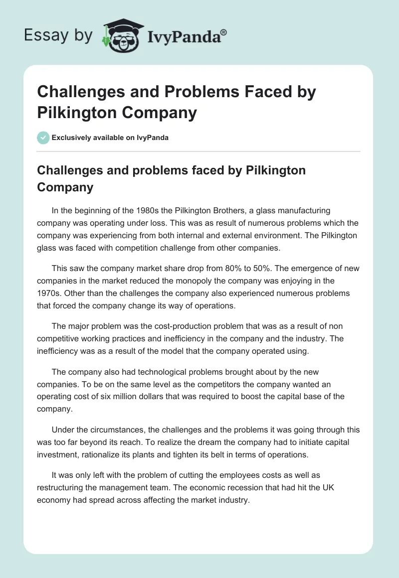Challenges and Problems Faced by Pilkington Company. Page 1