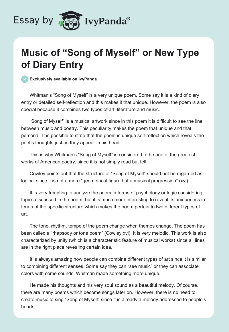 Music of “Song of Myself” or New Type of Diary Entry. Page 1