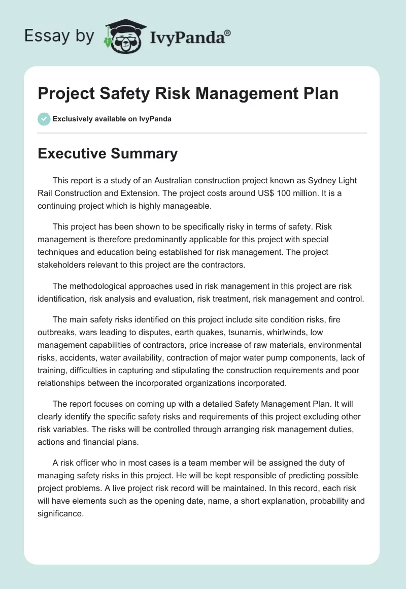 Project Safety Risk Management Plan. Page 1