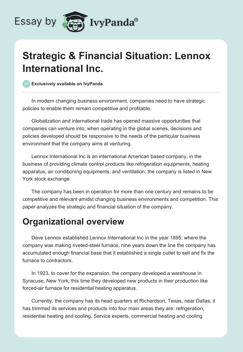 Strategic & Financial Situation: Lennox International Inc.. Page 1