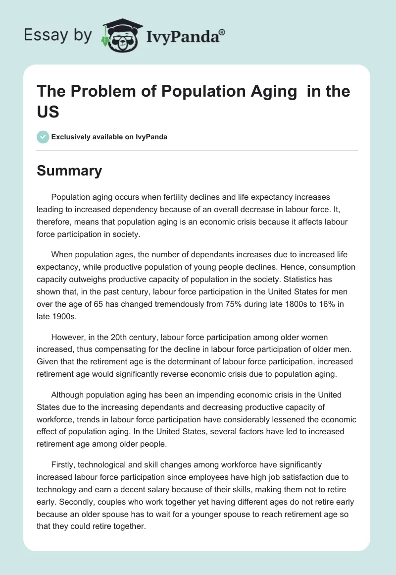 The Problem of Population Aging  in the US. Page 1