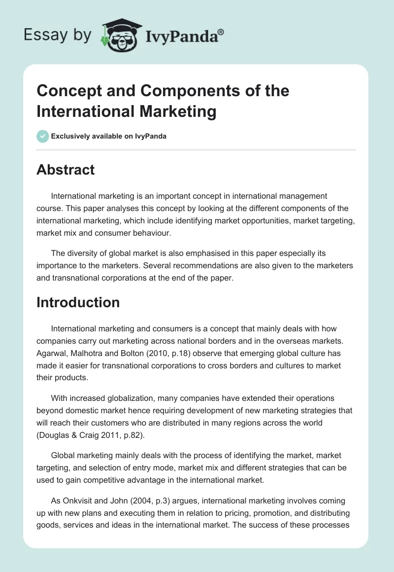Concept and Components of the International Marketing. Page 1