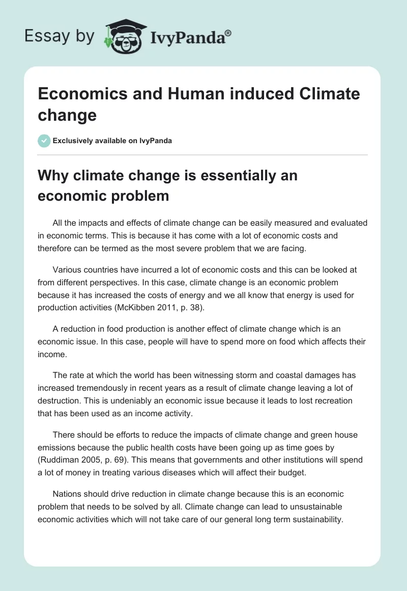 Economics and Human Induced Climate Change. Page 1
