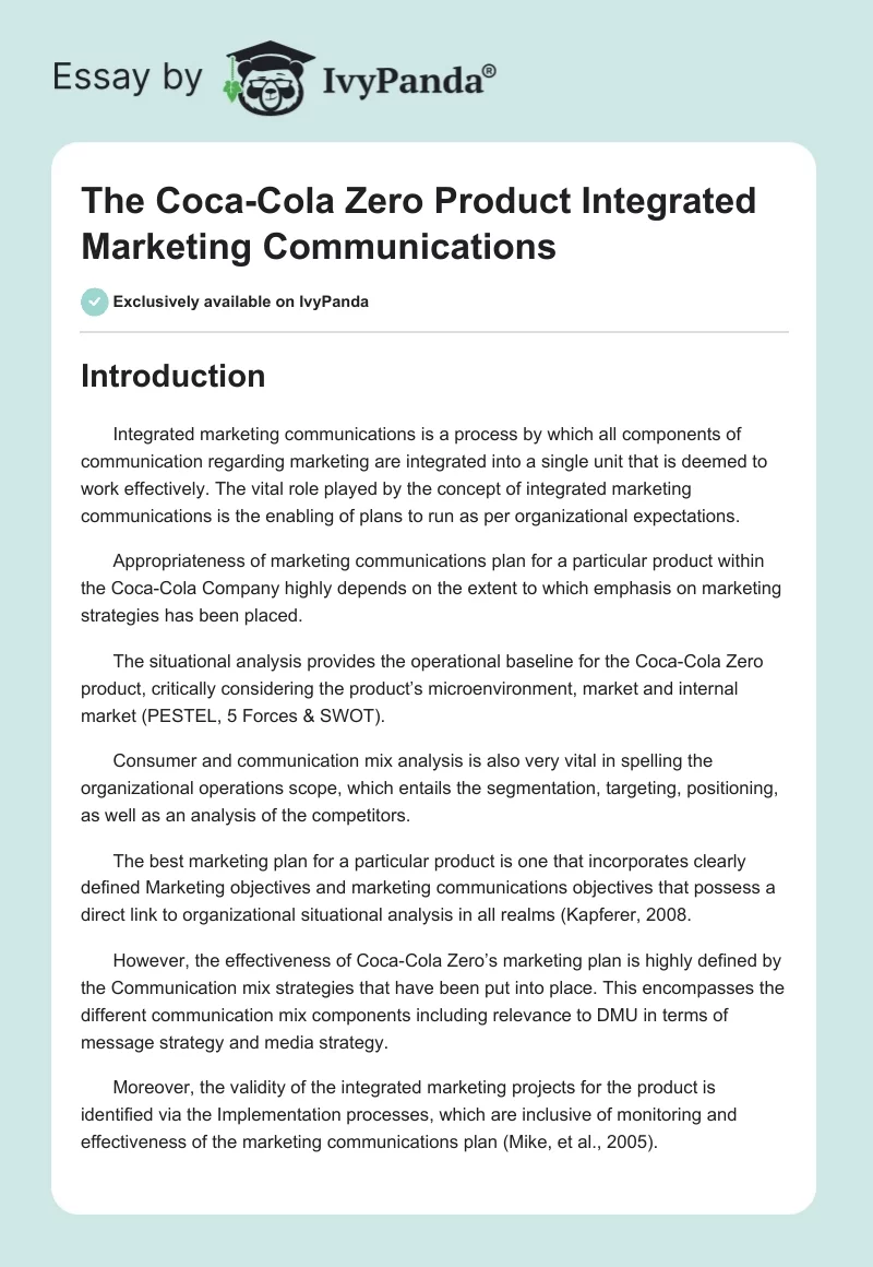 The Coca-Cola Zero Product Integrated Marketing Communications. Page 1