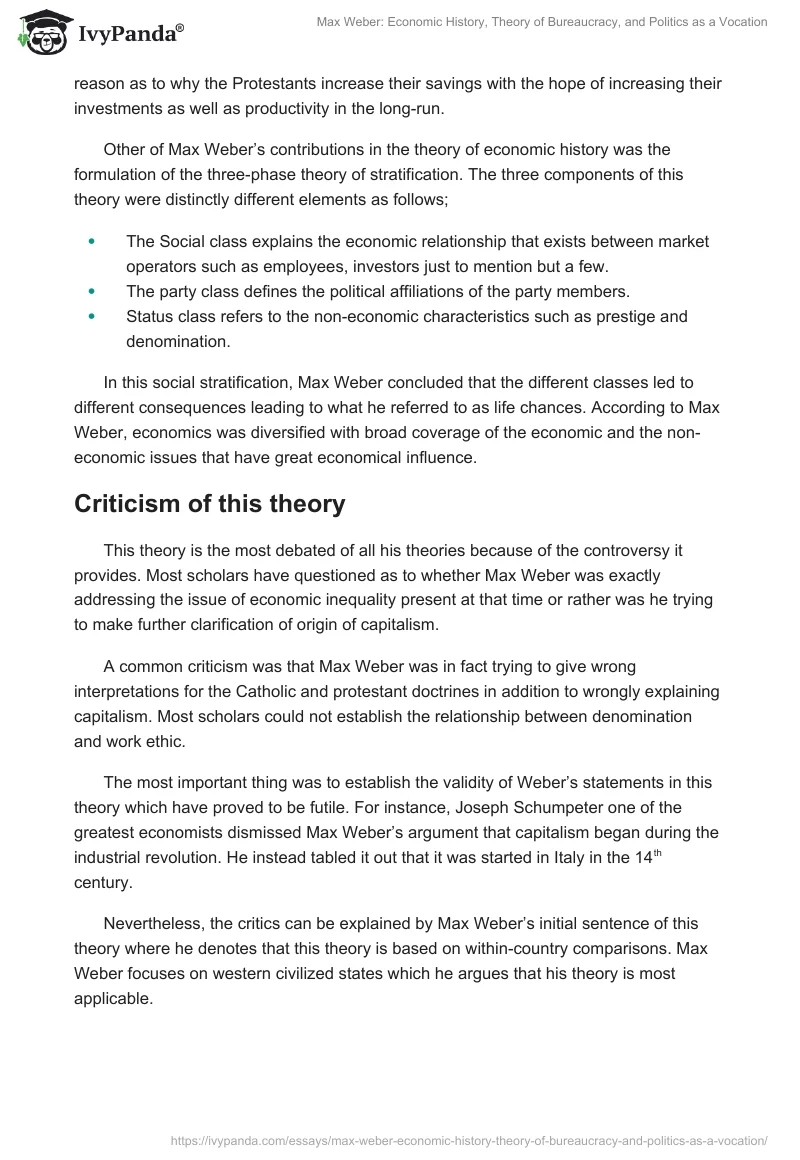 Max Weber: Economic History, Theory of Bureaucracy, and Politics as a Vocation. Page 4