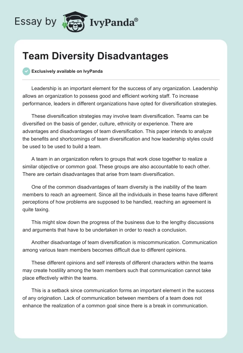 Team Diversity Disadvantages. Page 1