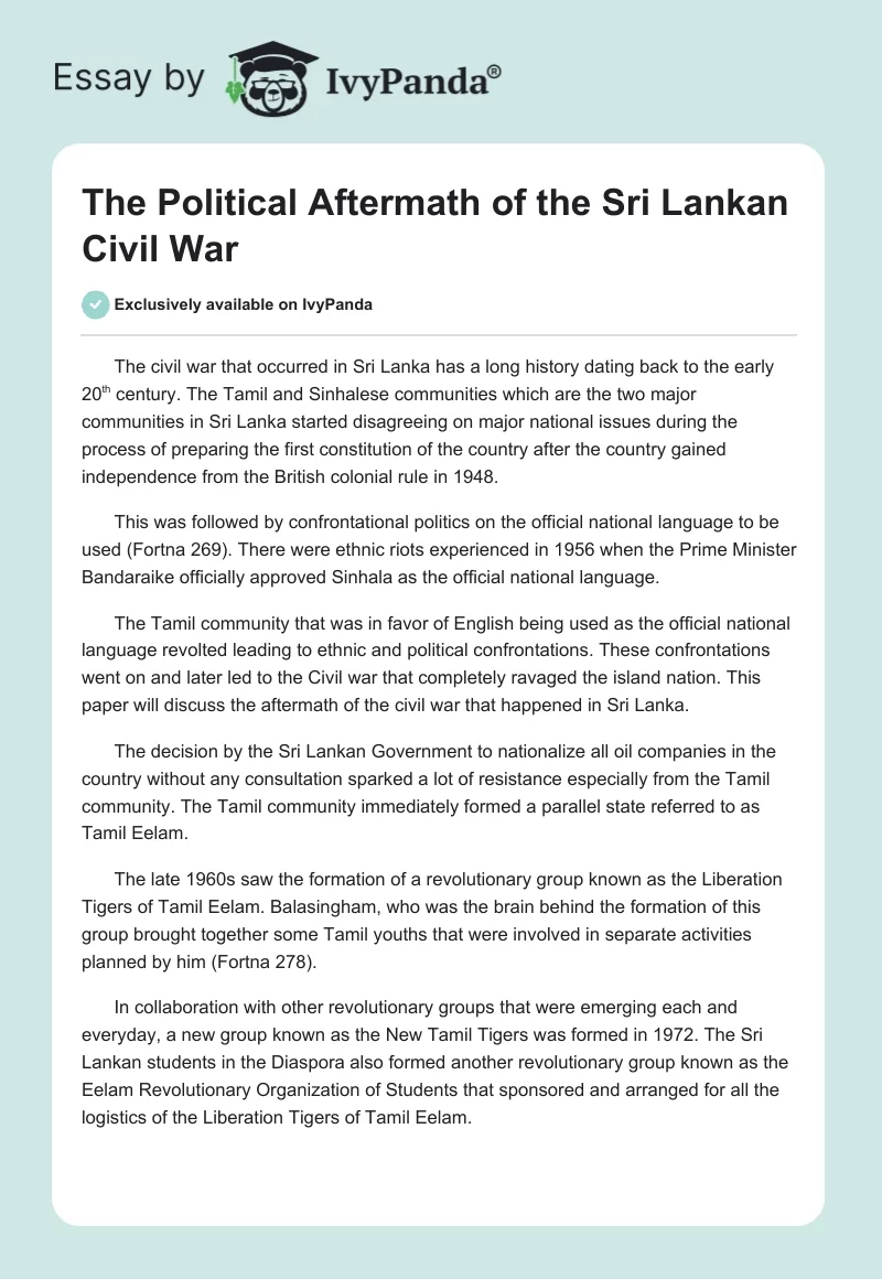 The Political Aftermath of the Sri Lankan Civil War. Page 1