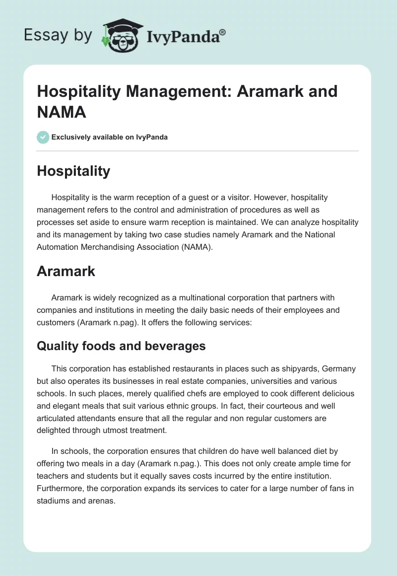 Hospitality Management: Aramark and NAMA. Page 1