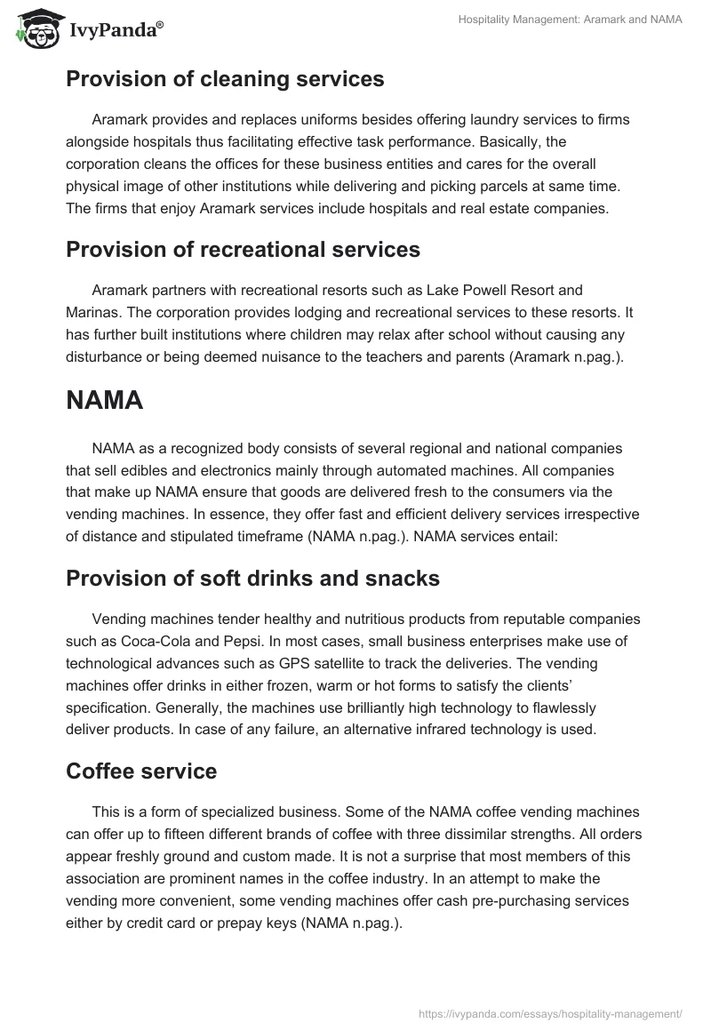 Hospitality Management: Aramark and NAMA. Page 2