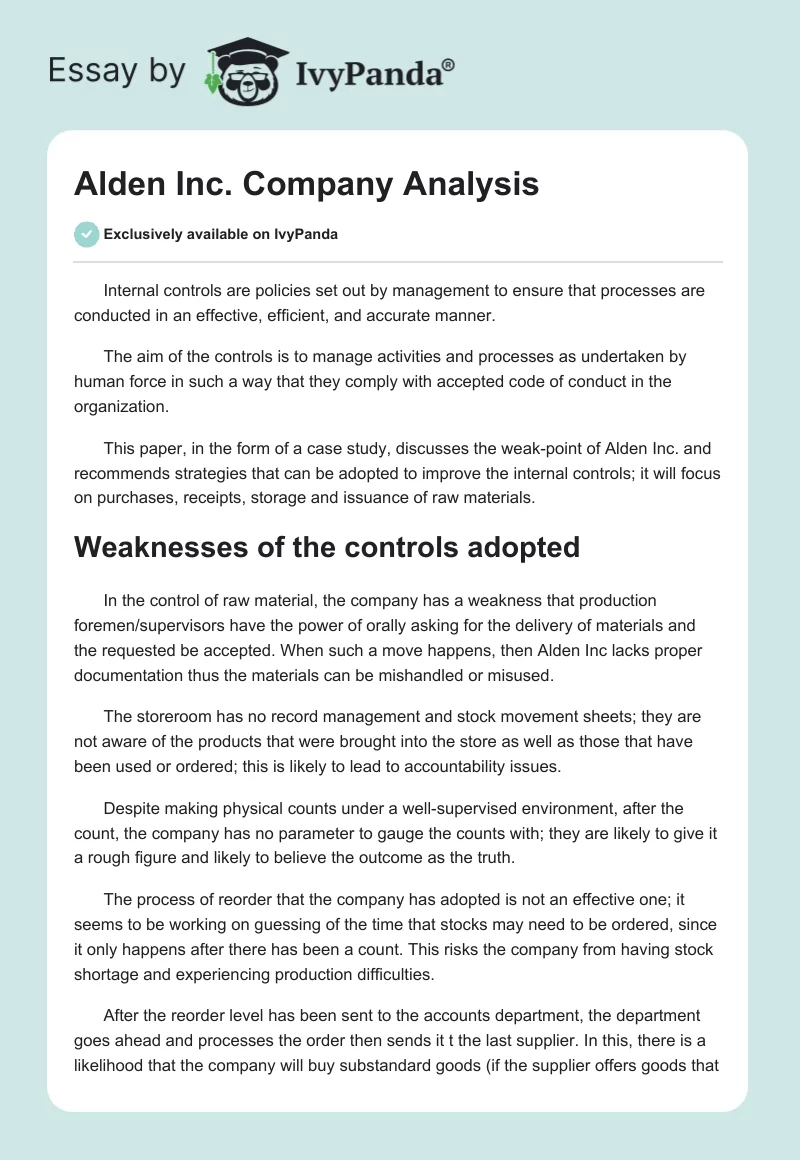Alden Inc. Company Analysis. Page 1