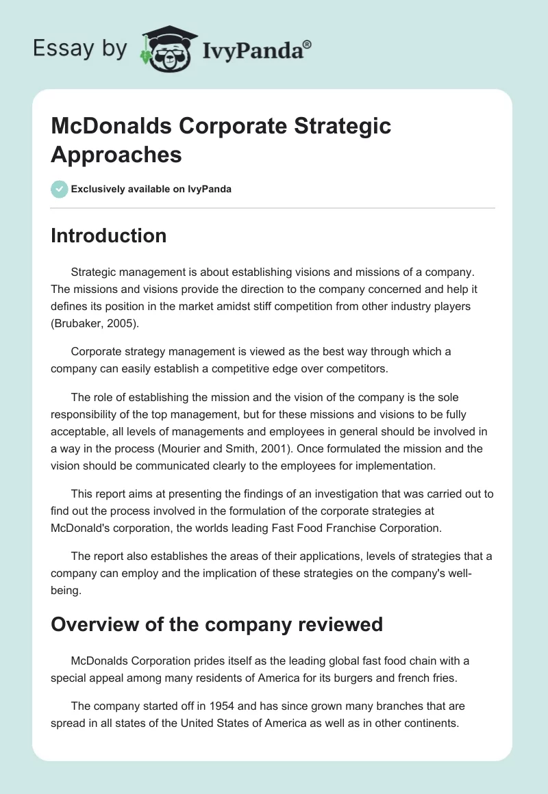 McDonalds Corporate Strategic Approaches. Page 1