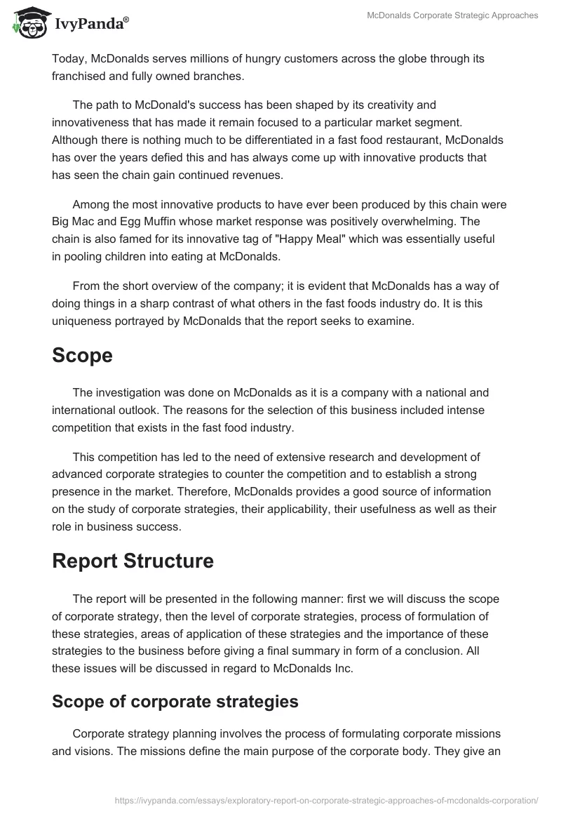 McDonalds Corporate Strategic Approaches. Page 2
