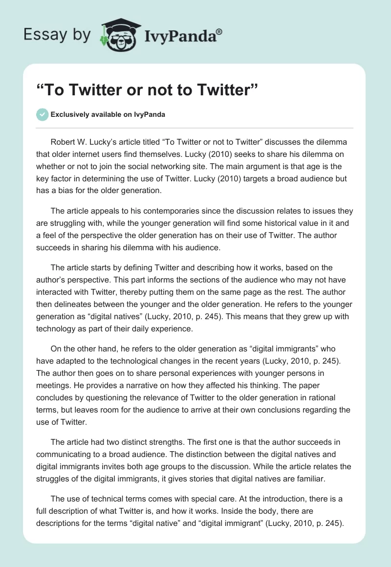 “To Twitter or Not to Twitter”. Page 1