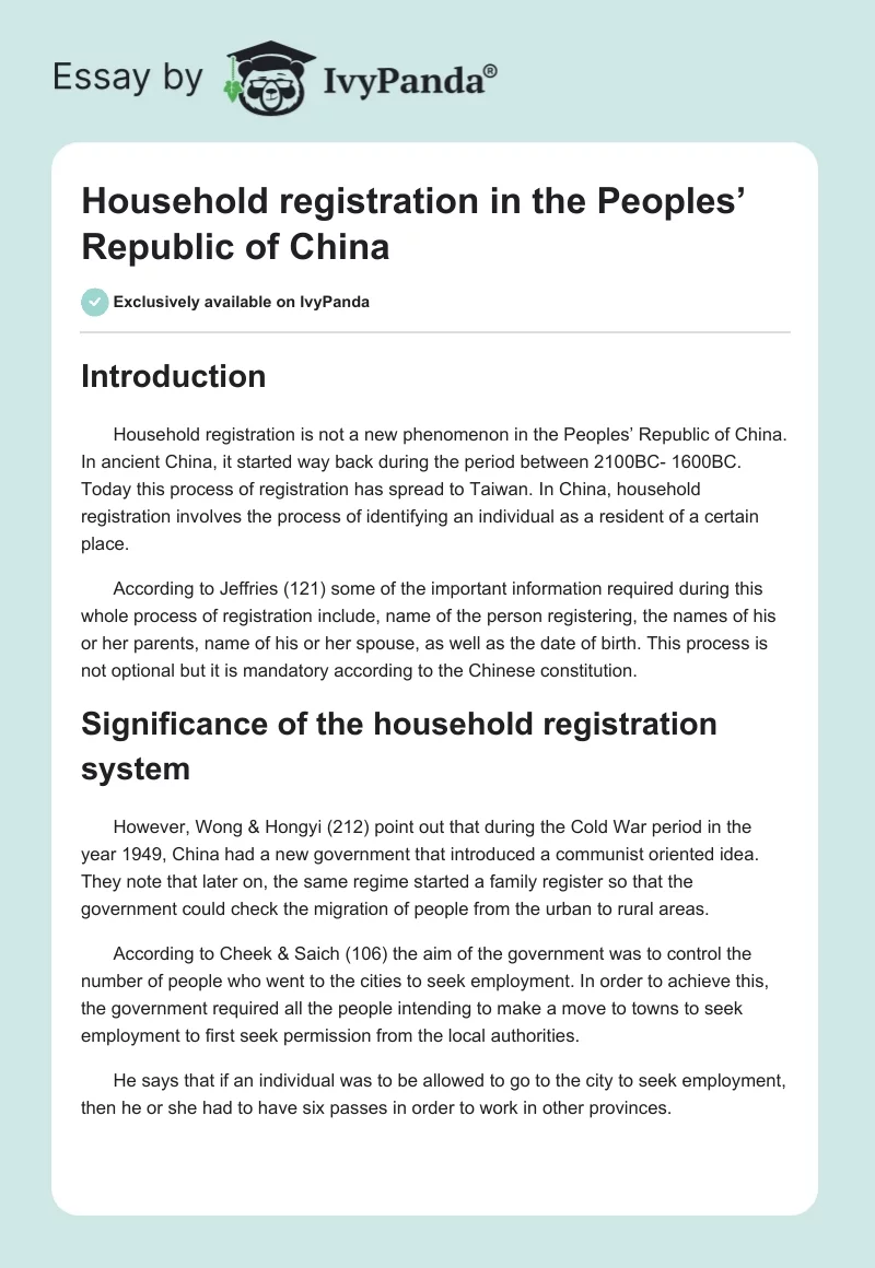 Household registration in the Peoples’ Republic of China. Page 1