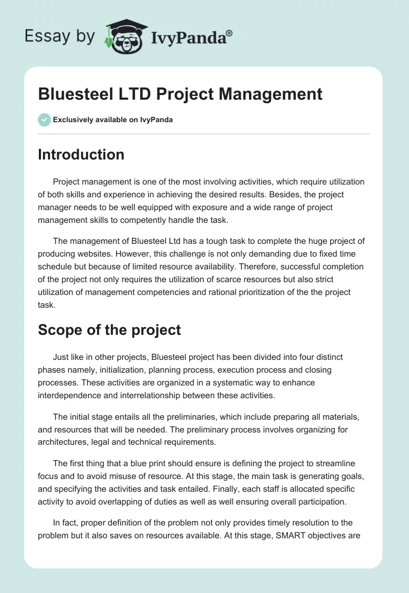 Bluesteel LTD Project Management. Page 1