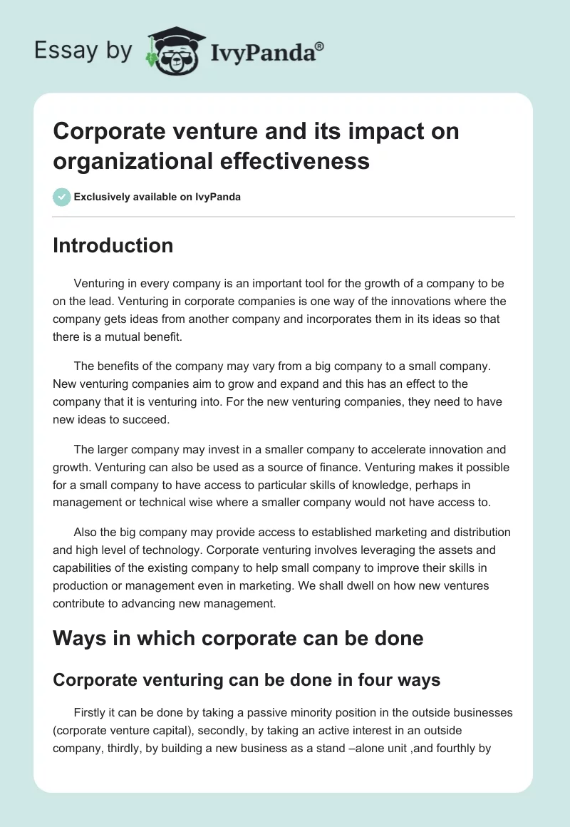 Corporate venture and its impact on organizational effectiveness. Page 1