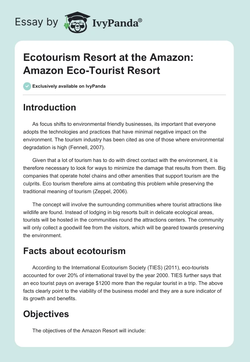 Ecotourism Resort at the Amazon: Amazon Eco-Tourist Resort. Page 1