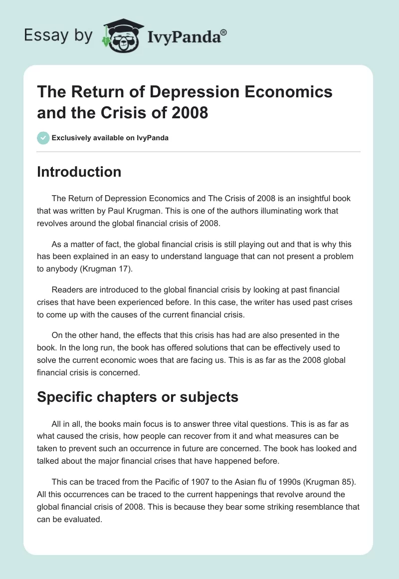 The Return of Depression Economics and the Crisis of 2008. Page 1