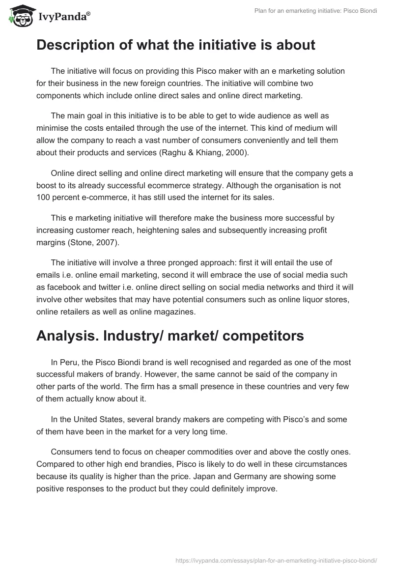 Plan for an emarketing initiative: Pisco Biondi. Page 2