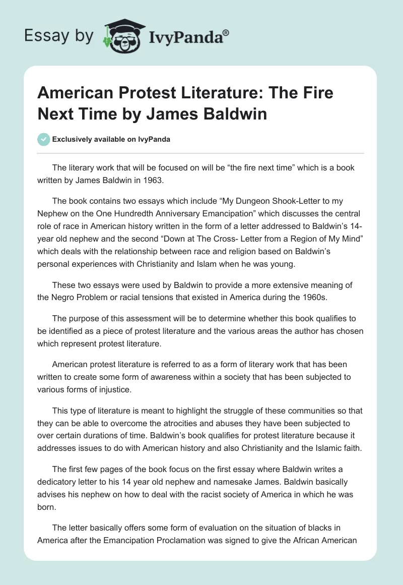 American Protest Literature: "The Fire Next Time" by James Baldwin. Page 1