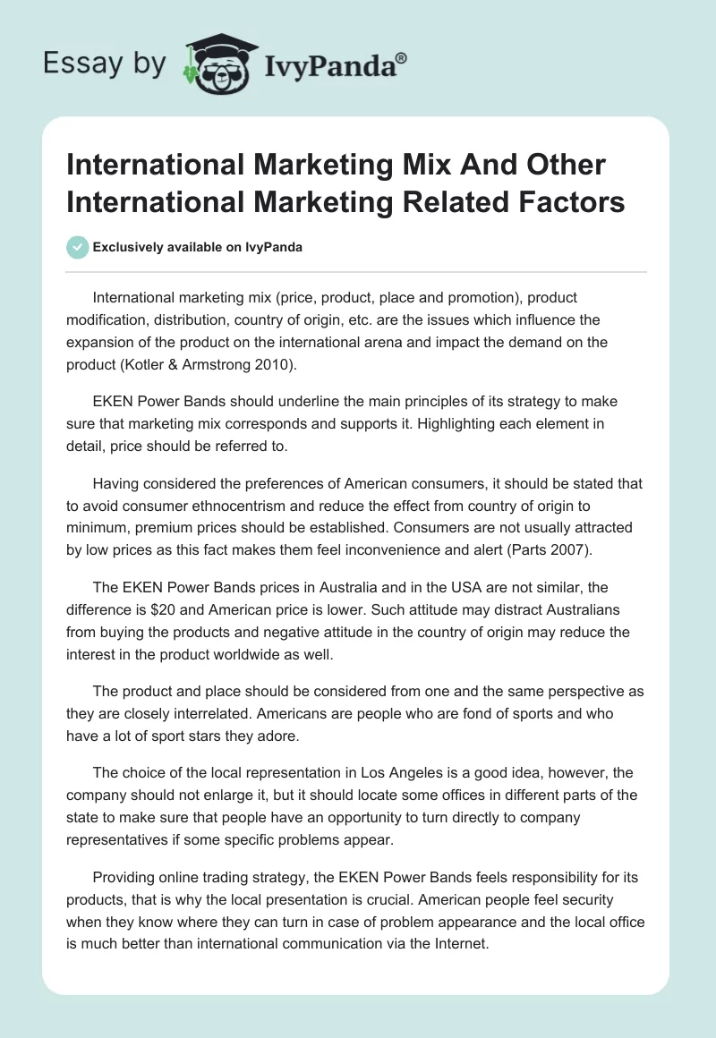 International Marketing Mix And Other International Marketing Related Factors. Page 1